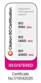 Citation ISO certification: ISO 9001:2015, ISO 14001:2015 and ISO 45001:2018 integrated management system